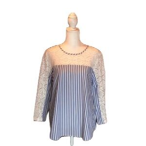 VAN HEUSEN Sky Blue & White Striped Top w/ Lace Arms Size M